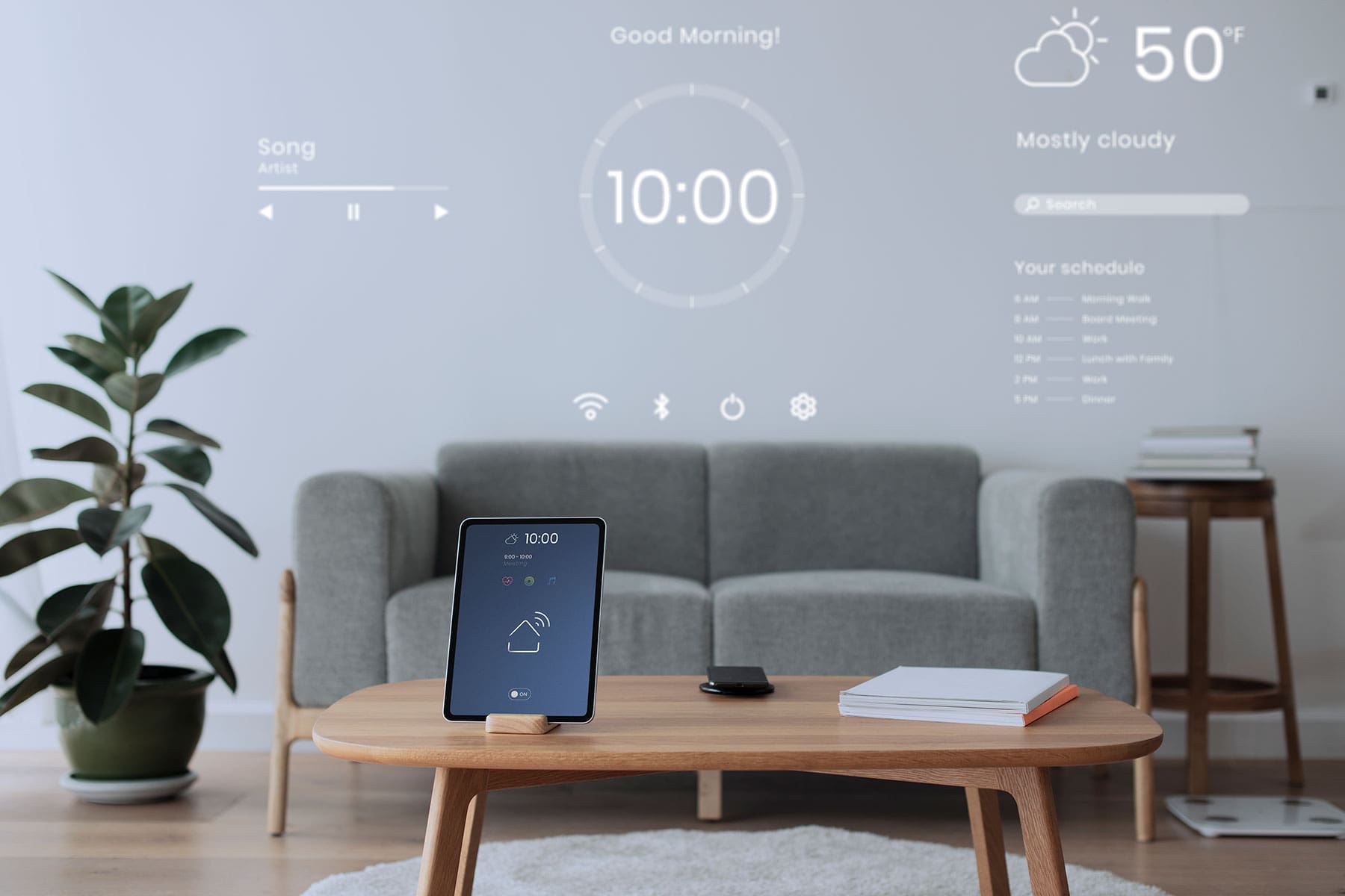 digital tablet screen with smart home controller wooden tabl