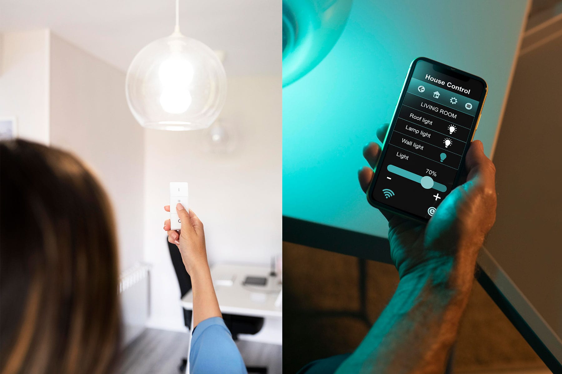 man and women using smartphone his automated home